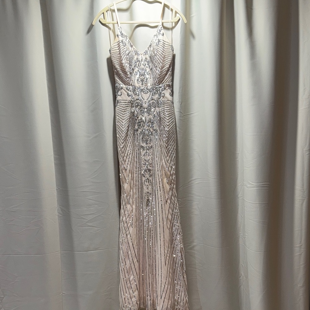 Windsor Silver and Cream Embellished Prom Dress